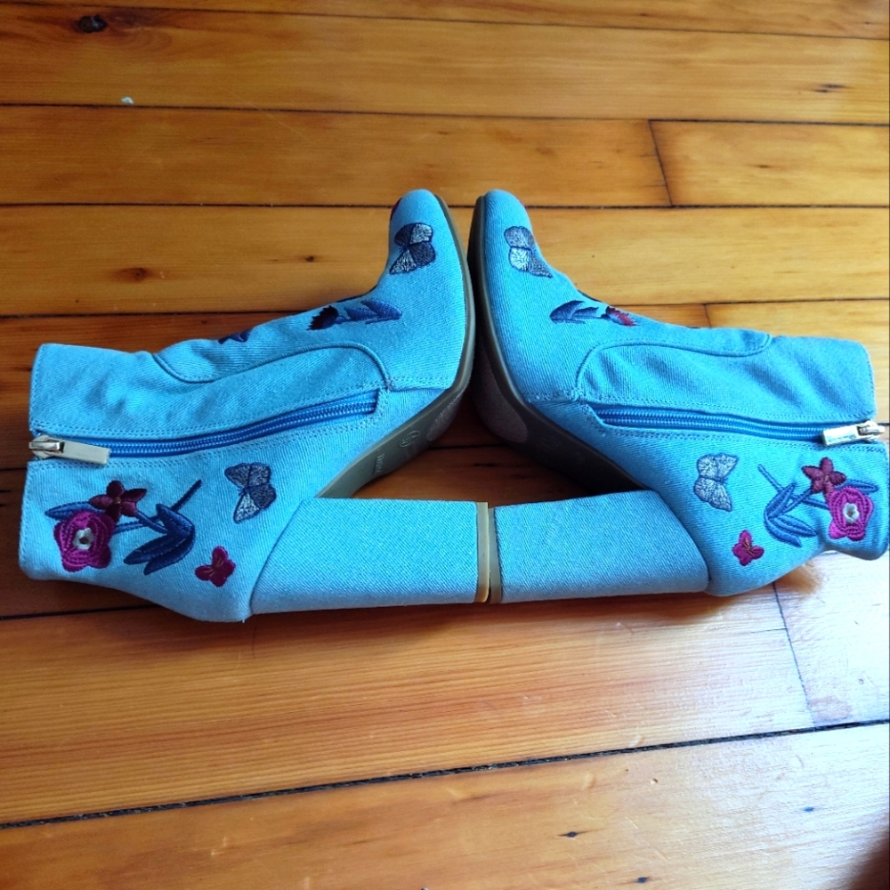 Bamboo Namaste 11 embroidery faux denim bootie - Picture 3 of 6